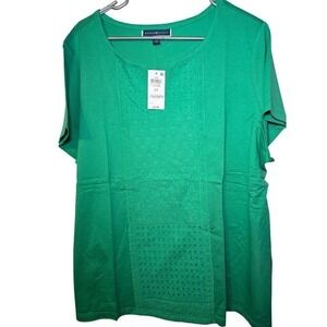 KAREN SCOTT Women Green Eyelet Lace Short Sleeve Top Plus Size 2X